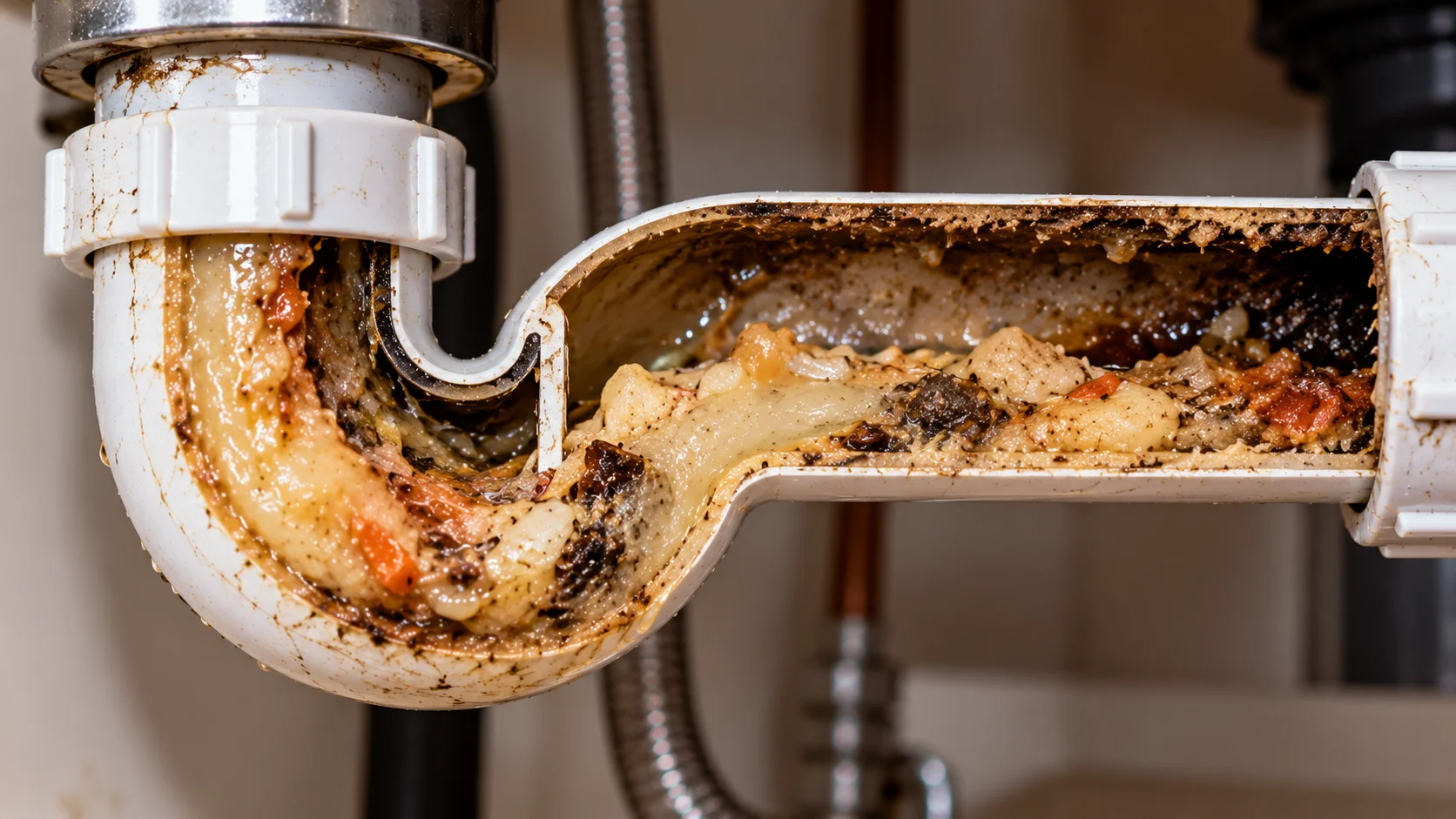 Grease, food residue and debris buildup restricting the inside of a kitchen drain pipe