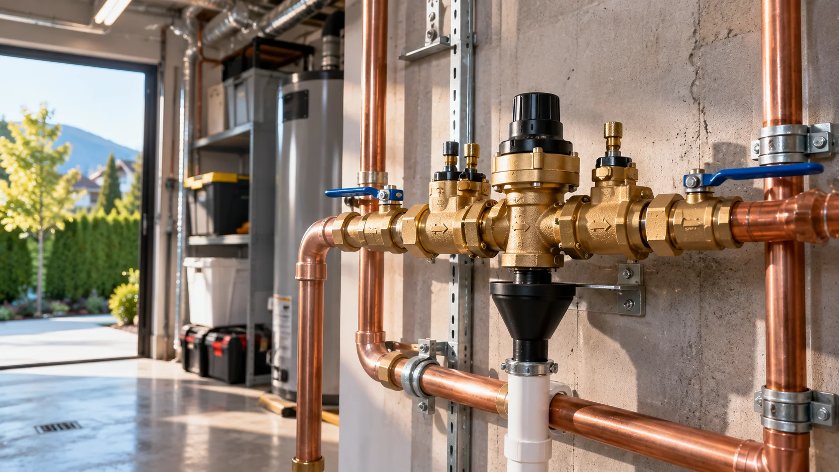 Backflow prevention assembly installed on residential copper plumbing