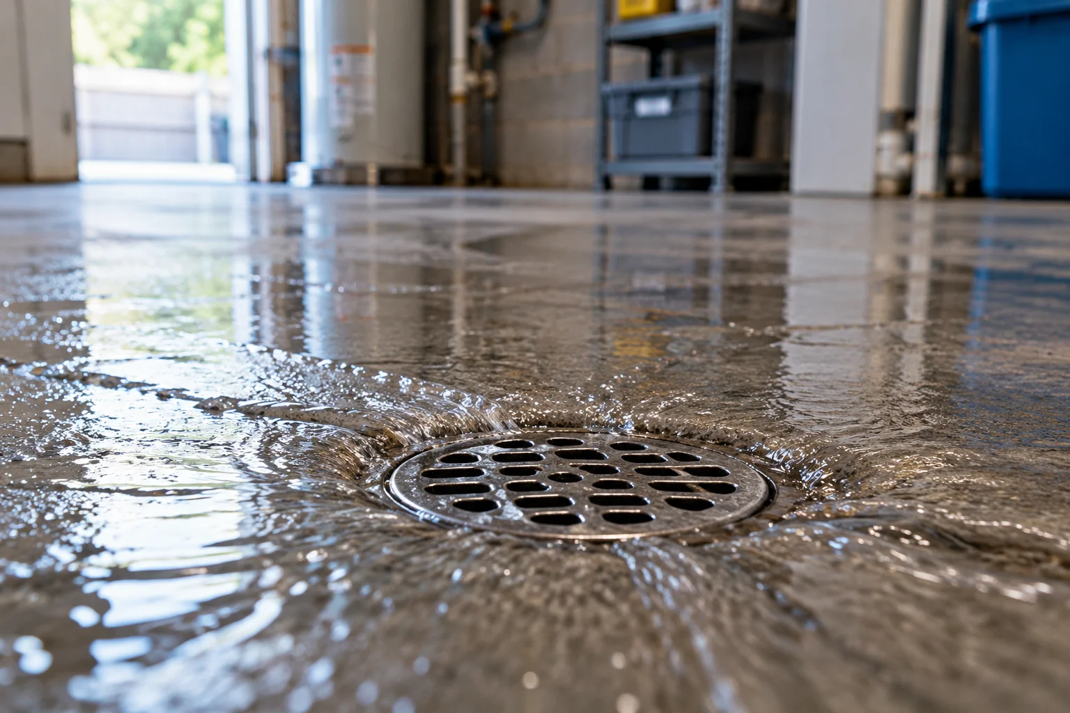Water draining through a floor drain on a concrete basement floor