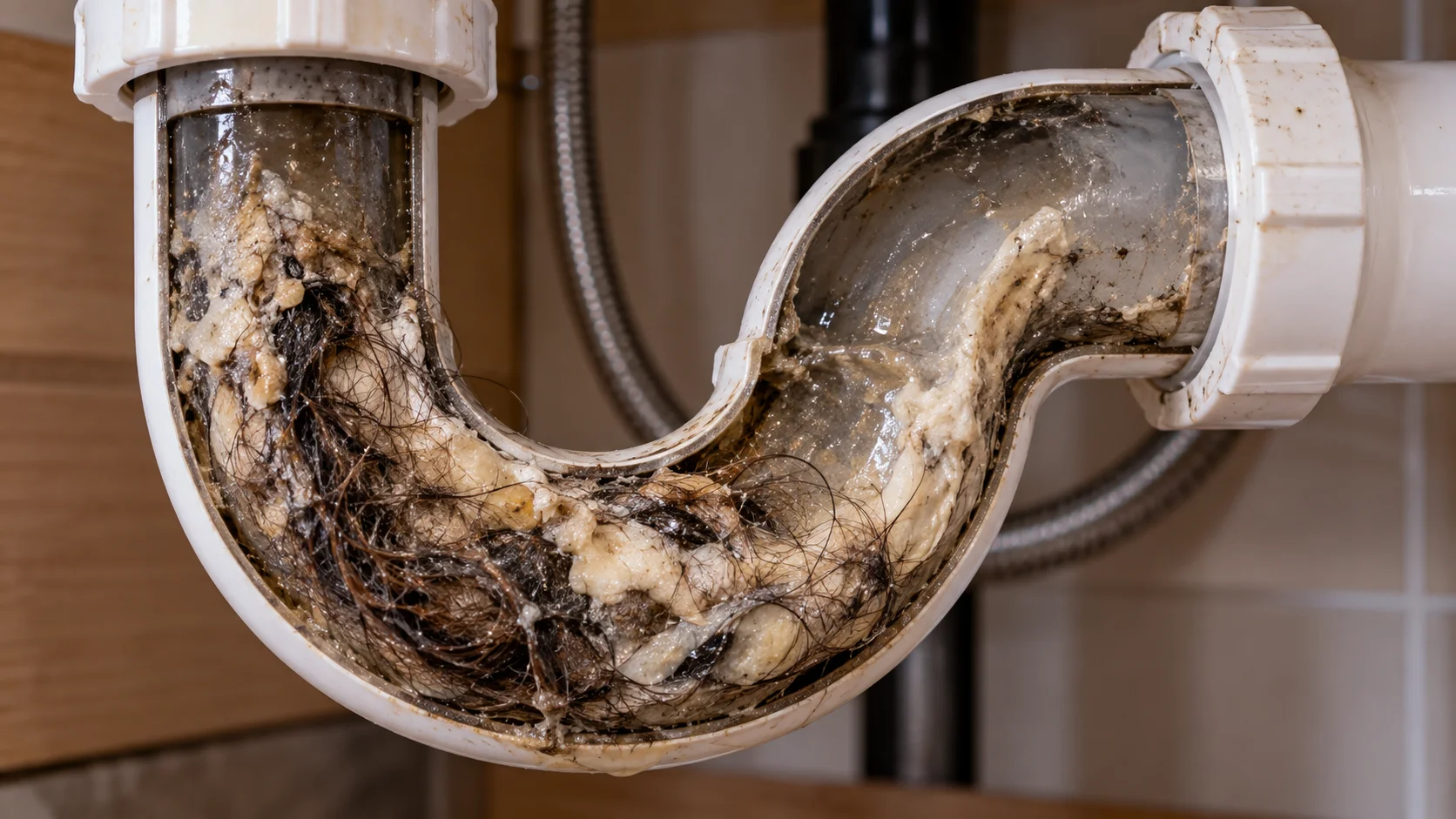Hair and soap residue buildup restricting the inside of a bathroom drain pipe