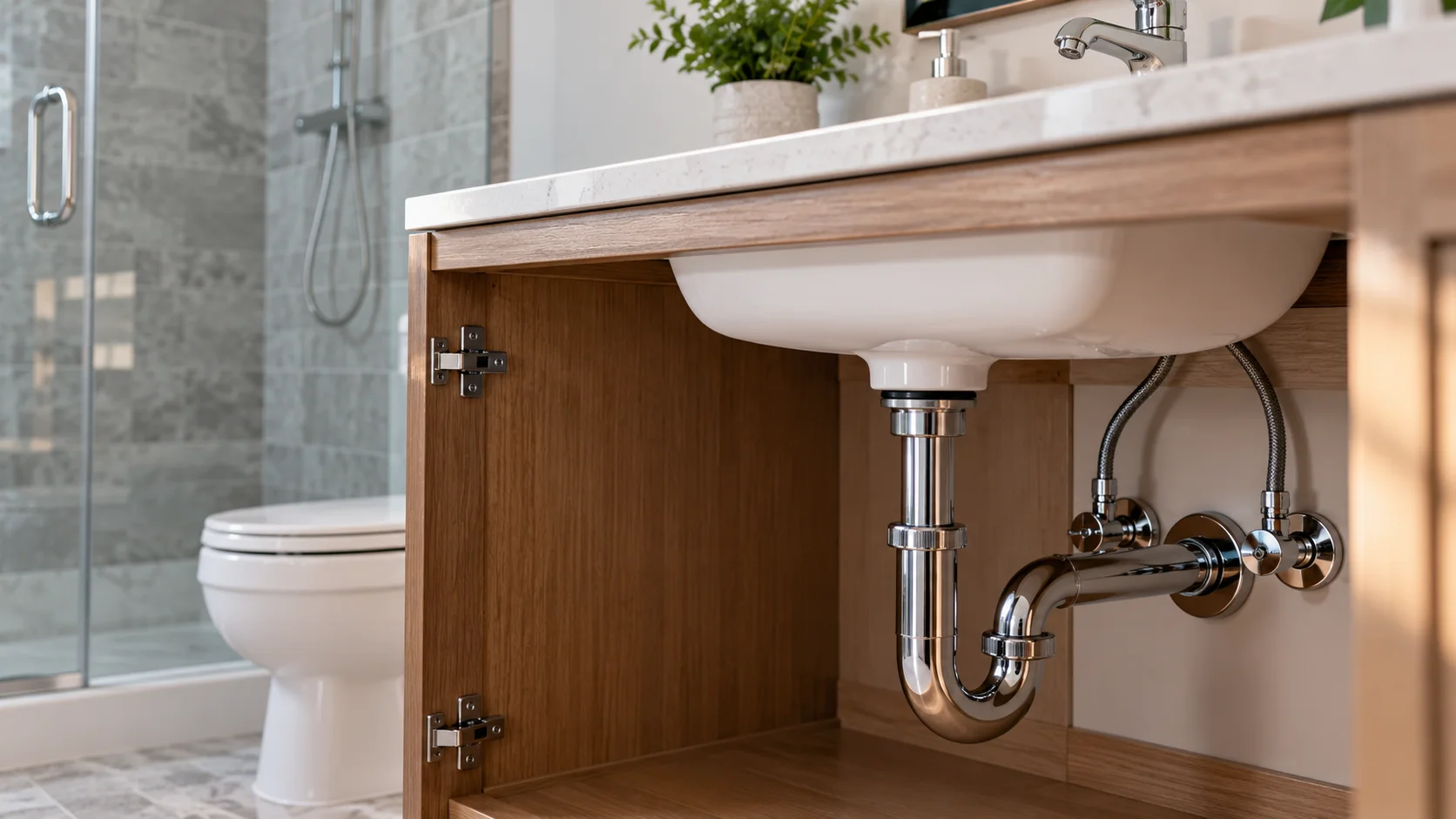 Drain pipe and P-trap beneath a modern residential bathroom sink
