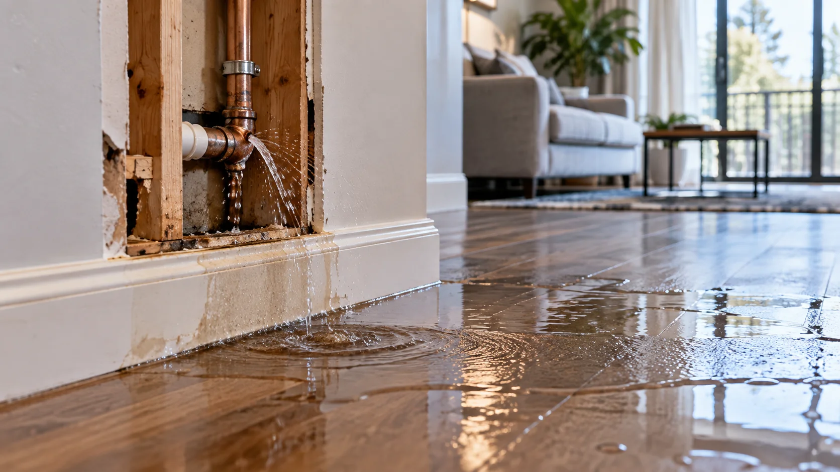 Burst copper pipe leaking water through an interior wall