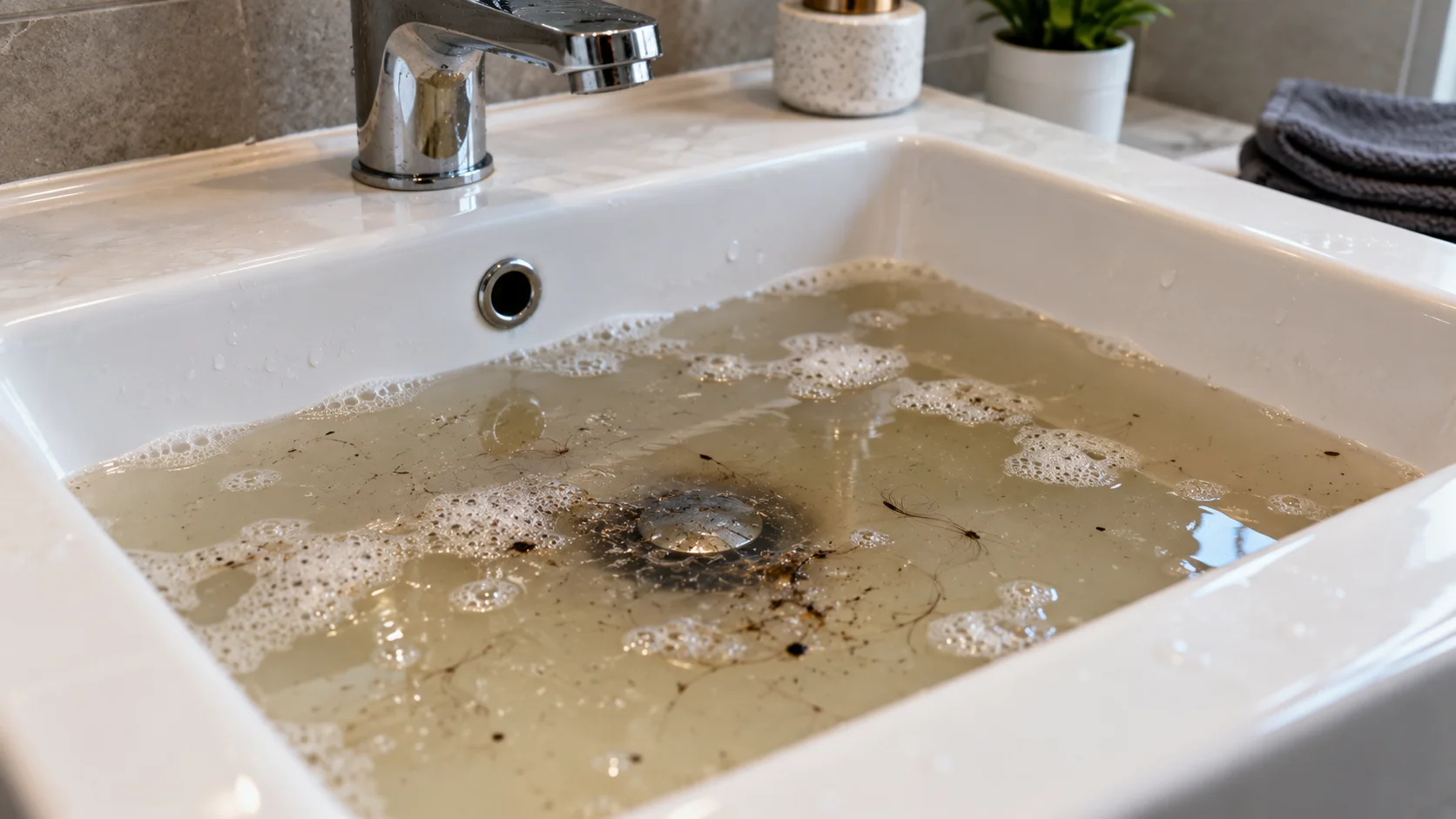 Bathroom sink filled with standing water and debris caused by a clogged drain