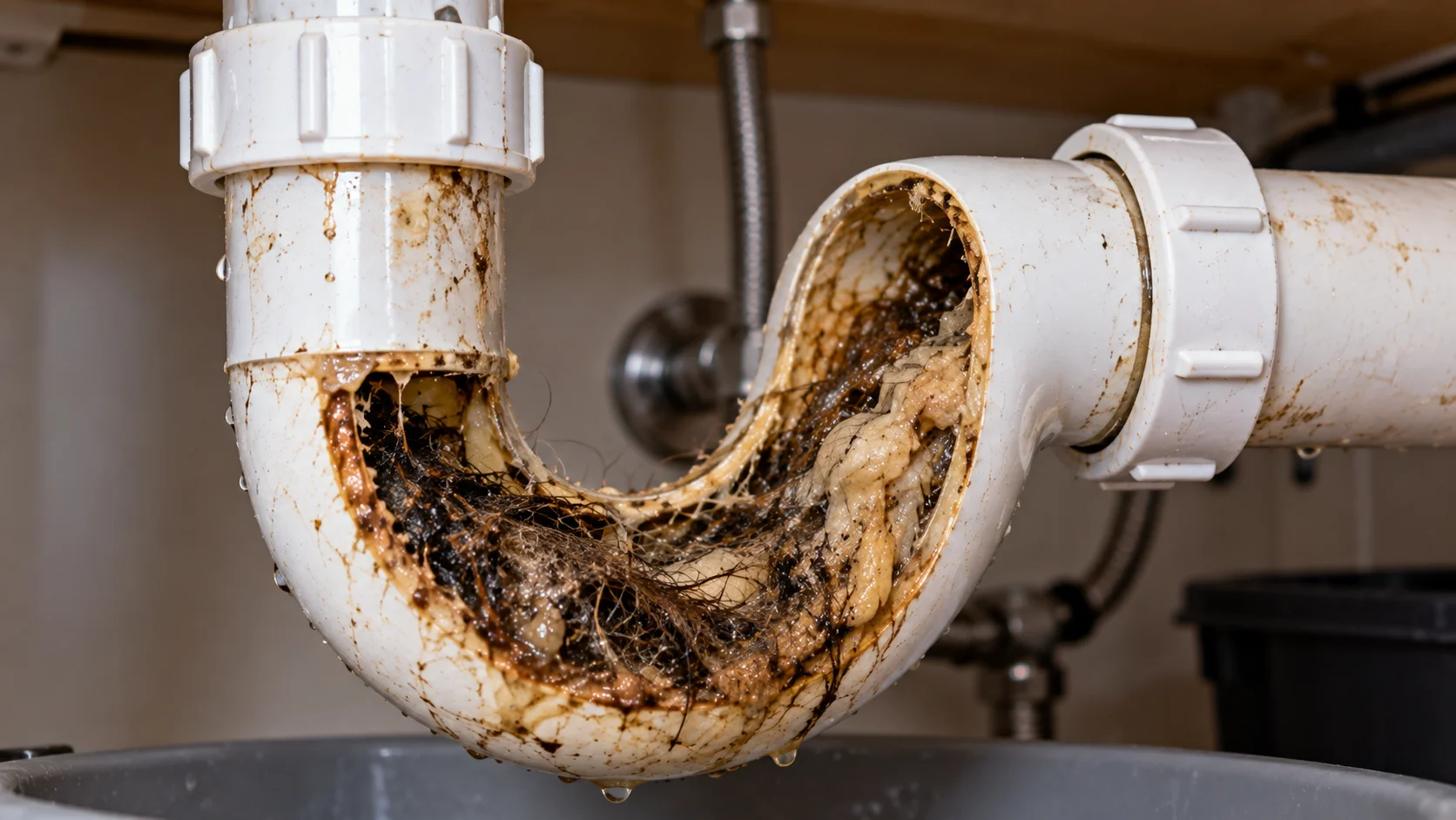 Hair, grease and debris buildup blocking the inside of a residential drain pipe