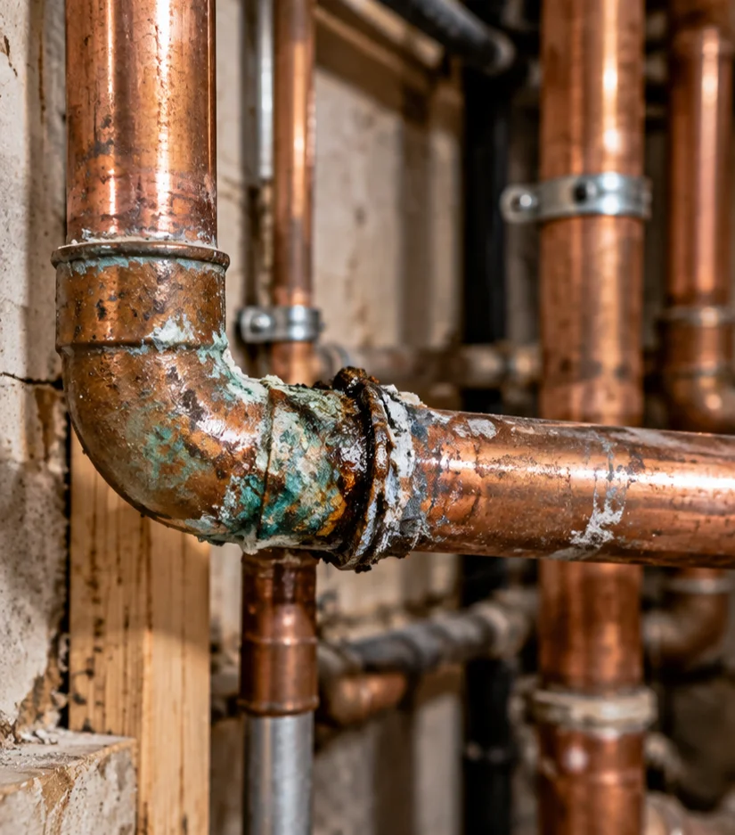 Corrosion and deterioration on residential copper plumbing pipe
