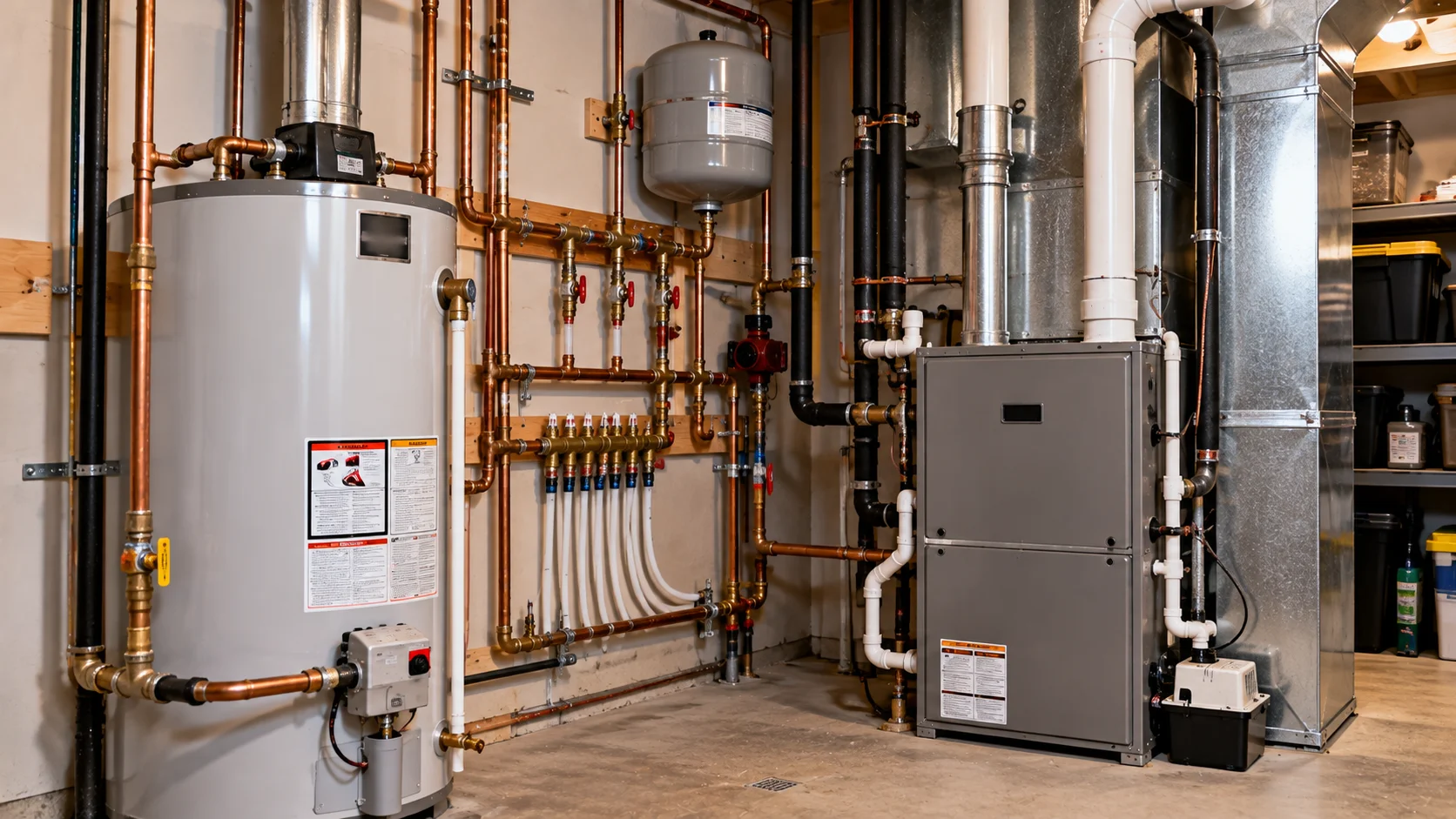 Plumbing and heating equipment inside a residential utility room