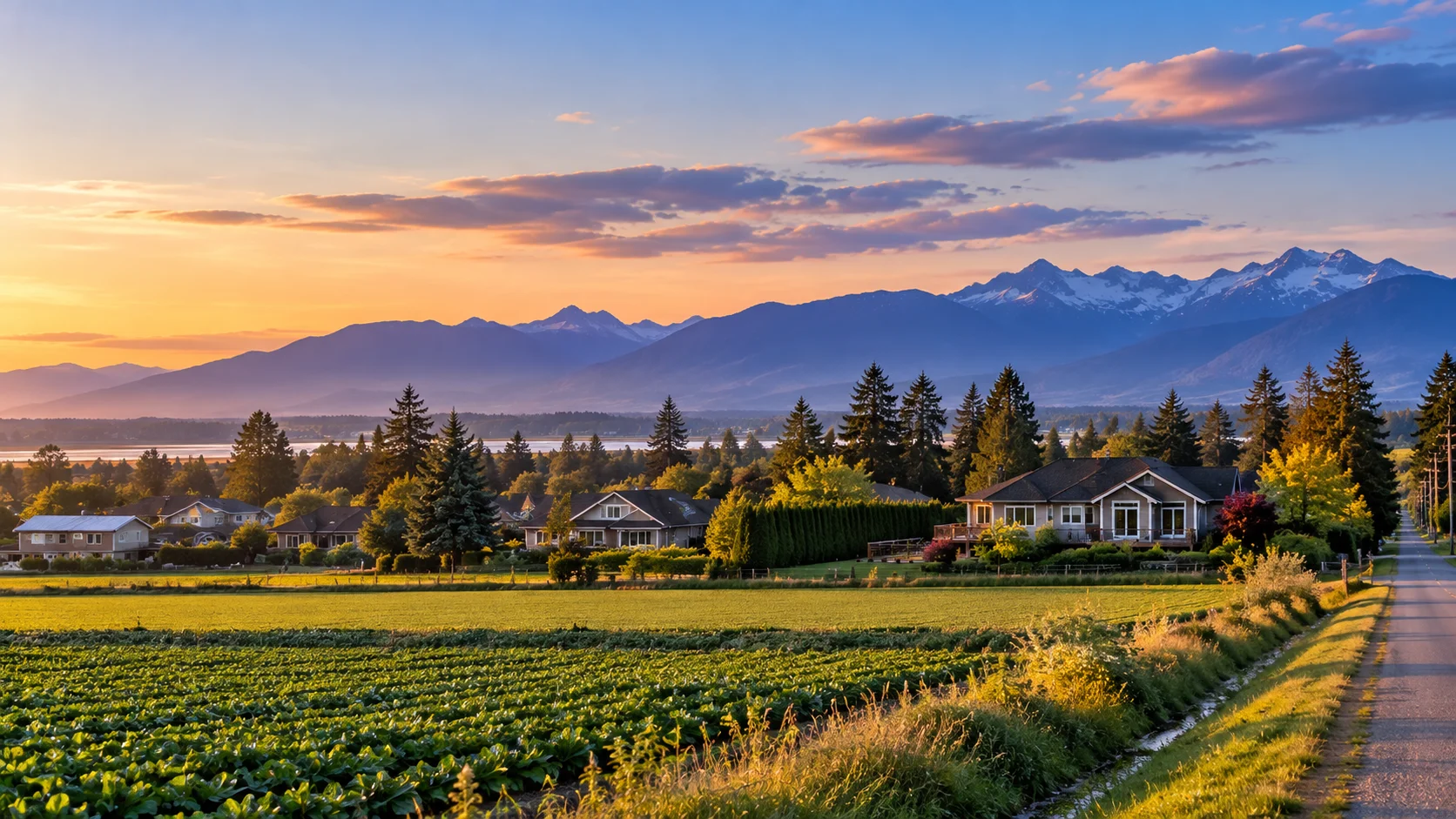 Homes and agricultural landscape in Delta with mountains in the distance