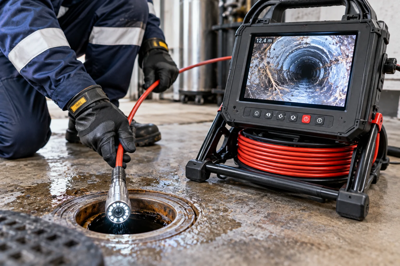 Drain camera monitor showing the inside of a pipe during a drainage inspection