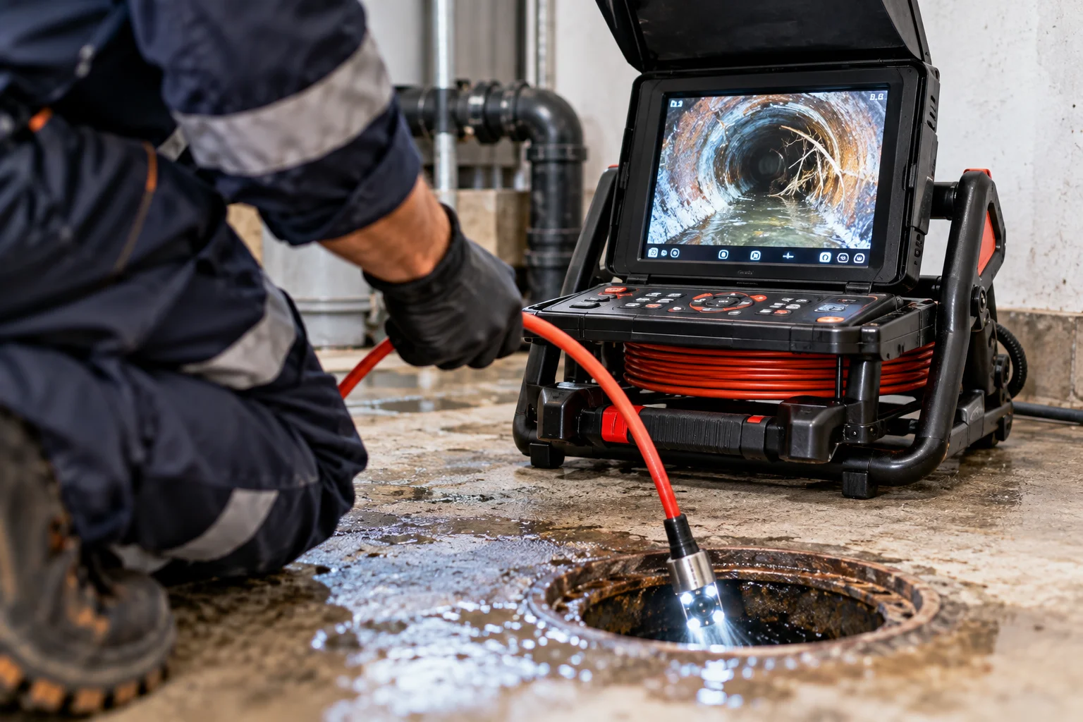 Drain inspection camera and monitor being used to inspect the inside of a drainage pipe