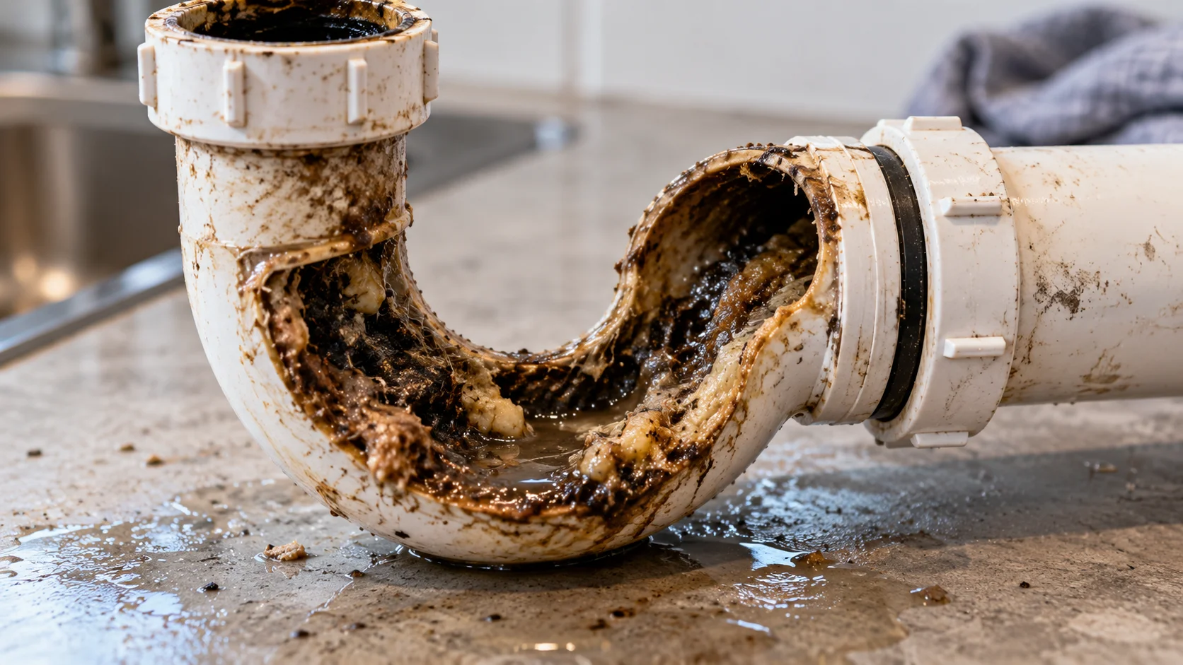 Grease, debris and residue buildup inside a residential drain pipe restricting water flow