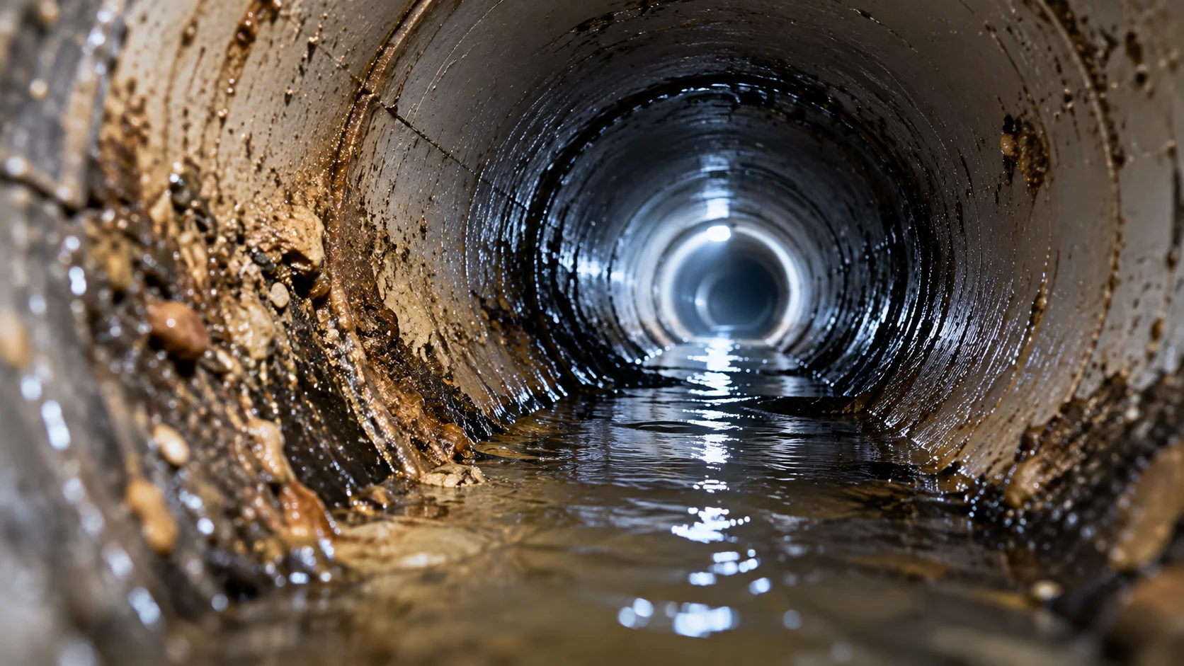 Camera view inside a residential drain pipe showing water, debris and buildup along the pipe walls