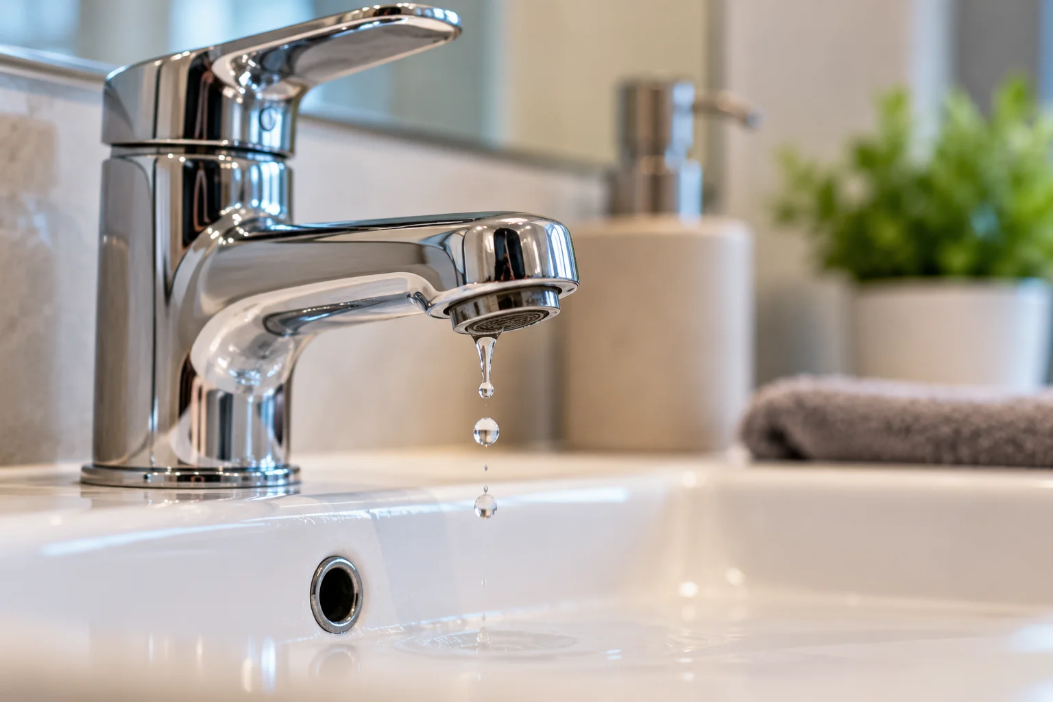 Water dripping from a bathroom faucet into the sink