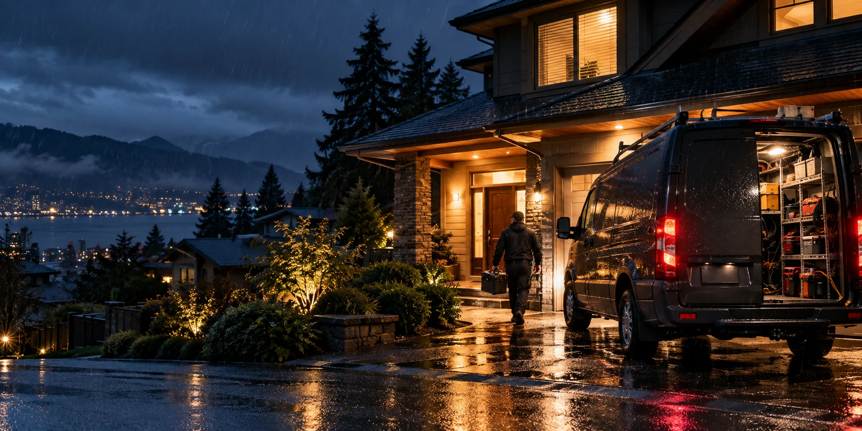 Emergency plumbing and heating service arriving at a Vancouver home