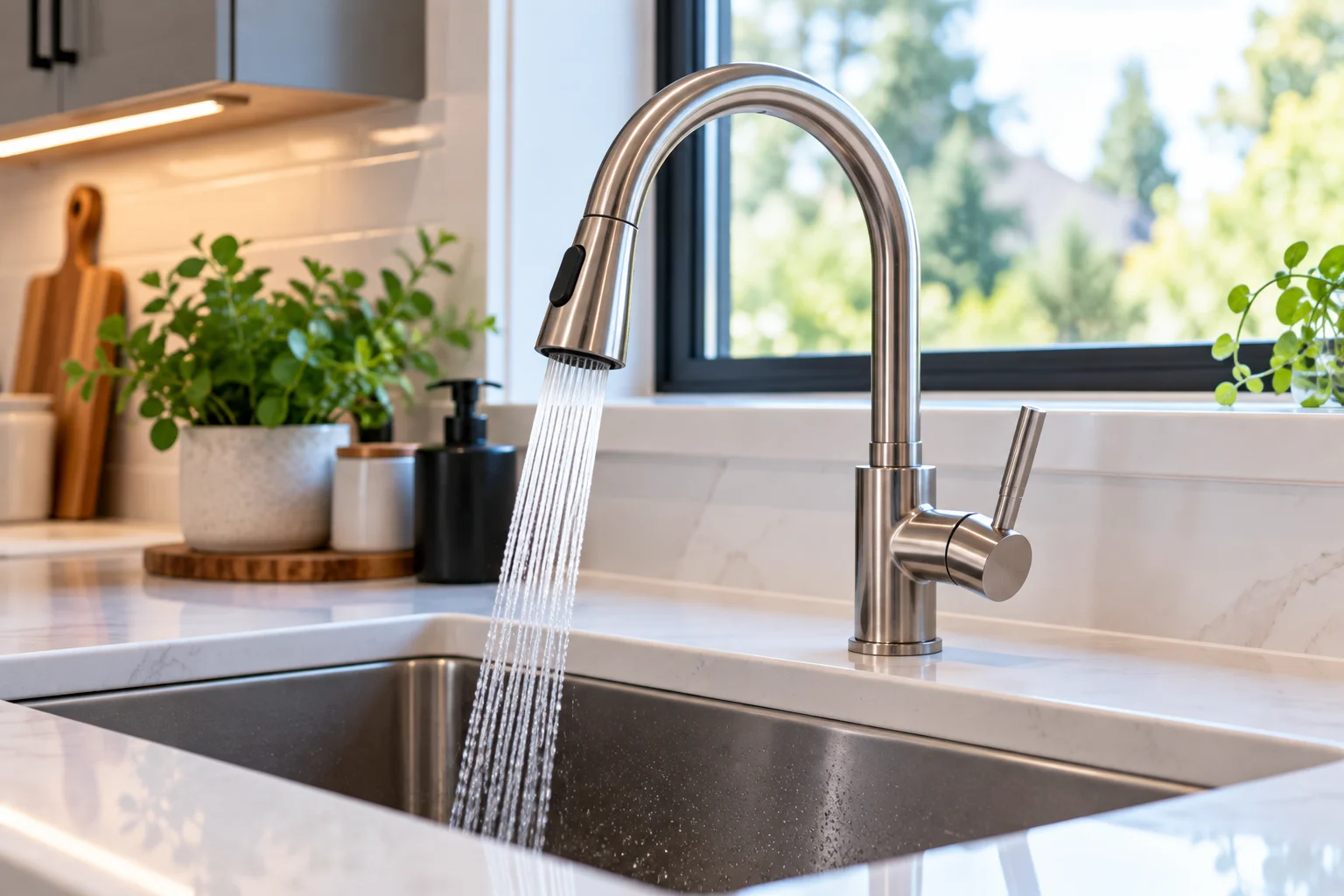 New kitchen faucet installed over a modern sink