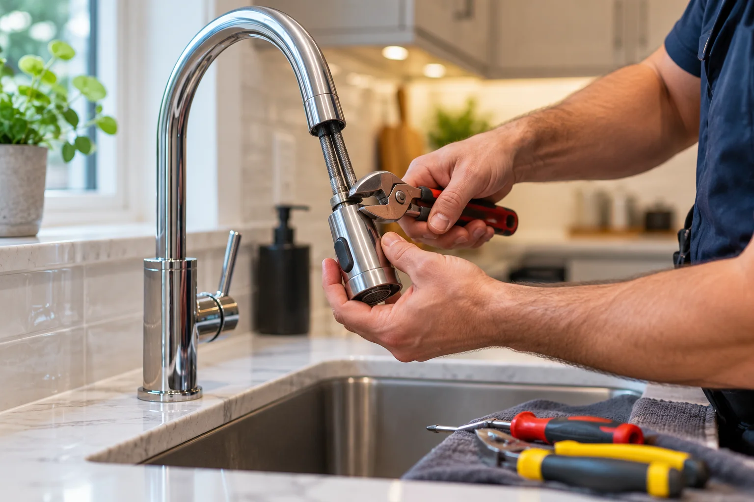 Plumber repairing a kitchen faucet