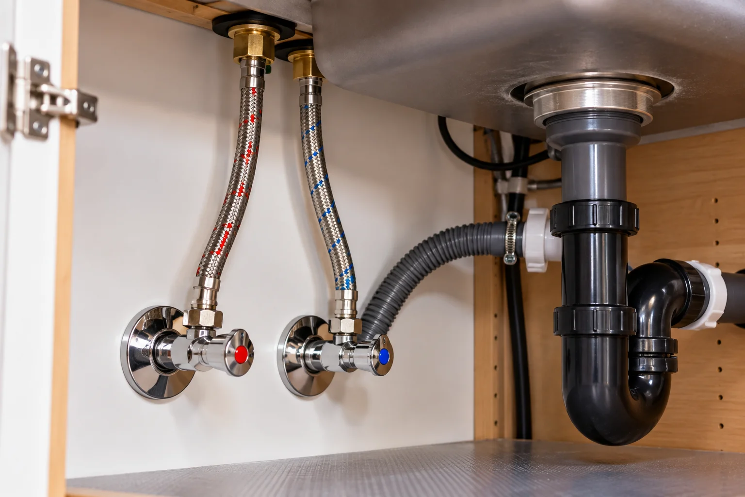 Faucet water supply lines connected beneath a kitchen sink