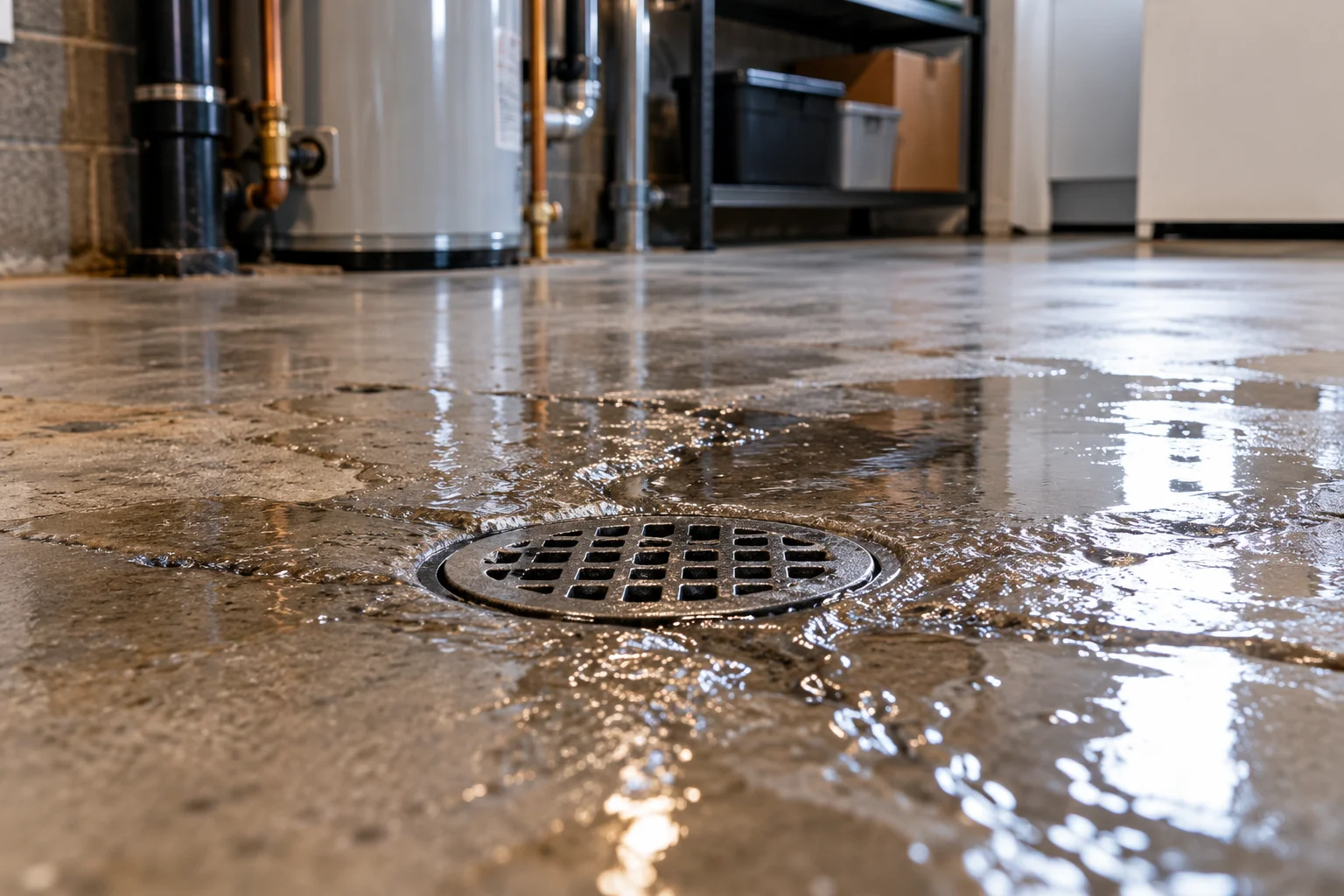 Water flowing toward a floor drain in a residential basement utility area