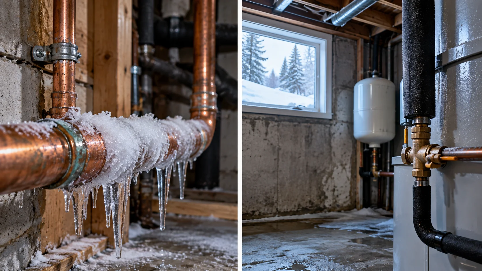 Copper water pipe covered in frost and ice