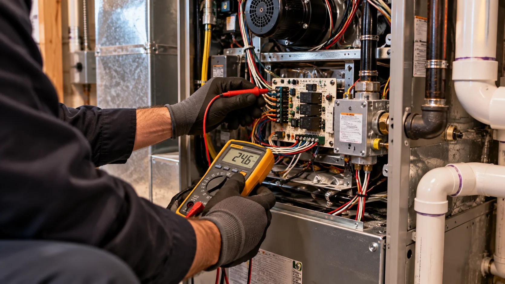Technician testing electrical components inside a furnace