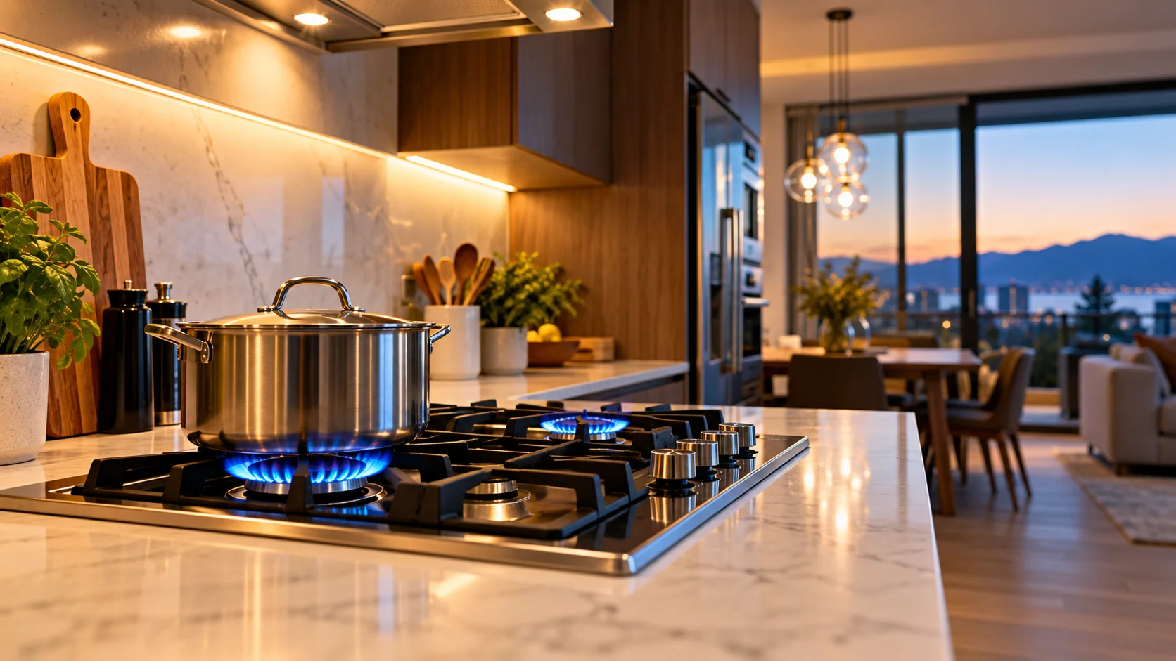 Modern kitchen with a gas cooktop in use