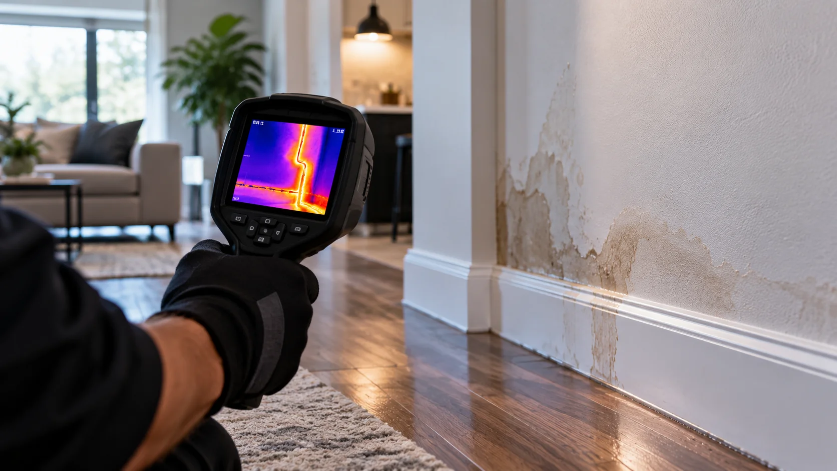 Thermal camera detecting a hidden water leak behind an interior wall