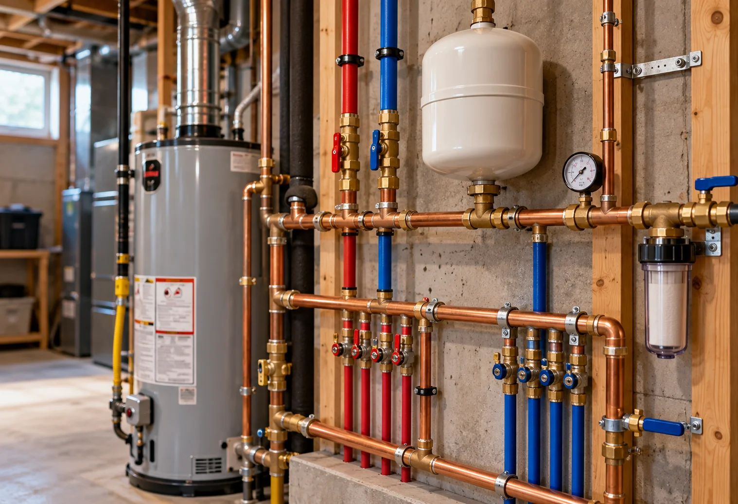 Exposed residential water pipes and shutoff valves