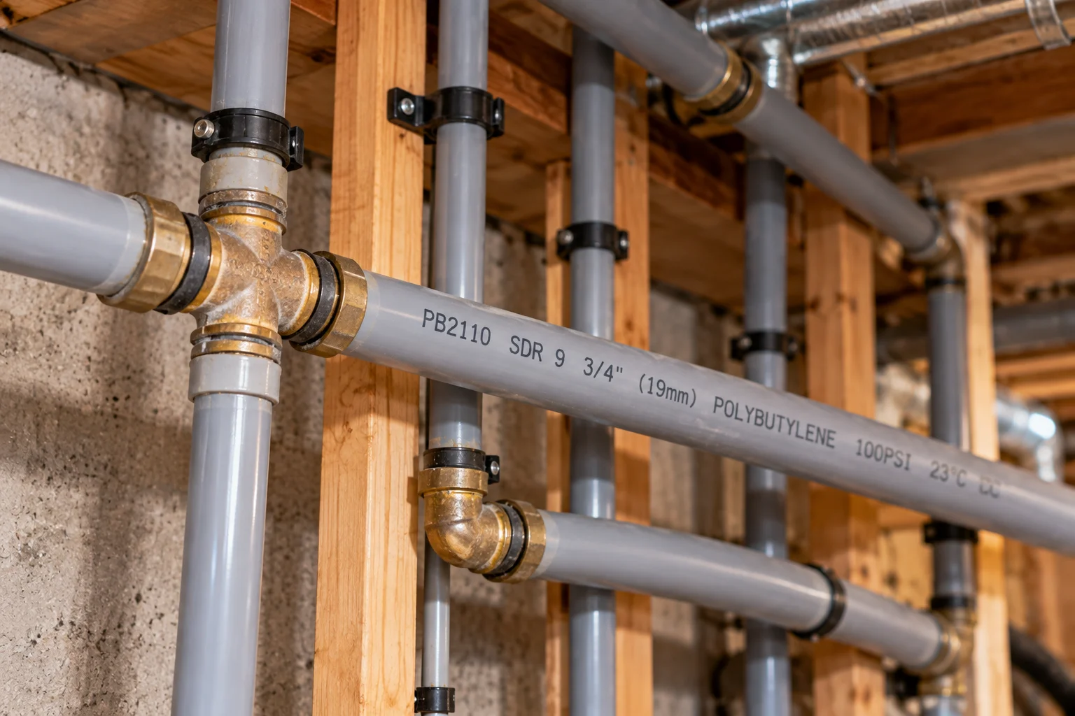 Grey Poly-B plumbing pipes in a residential home