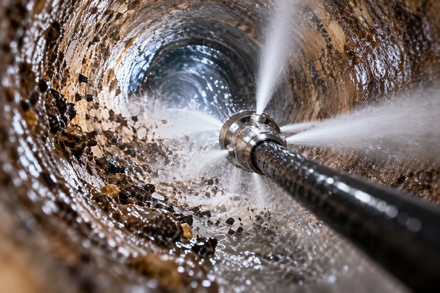 Hydro jetting nozzle spraying high-pressure water inside a drain pipe to remove buildup
