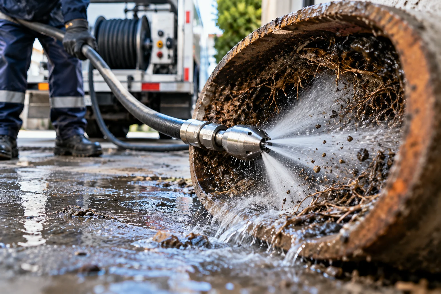 High-pressure hydro jetting equipment clearing buildup from a drain pipe