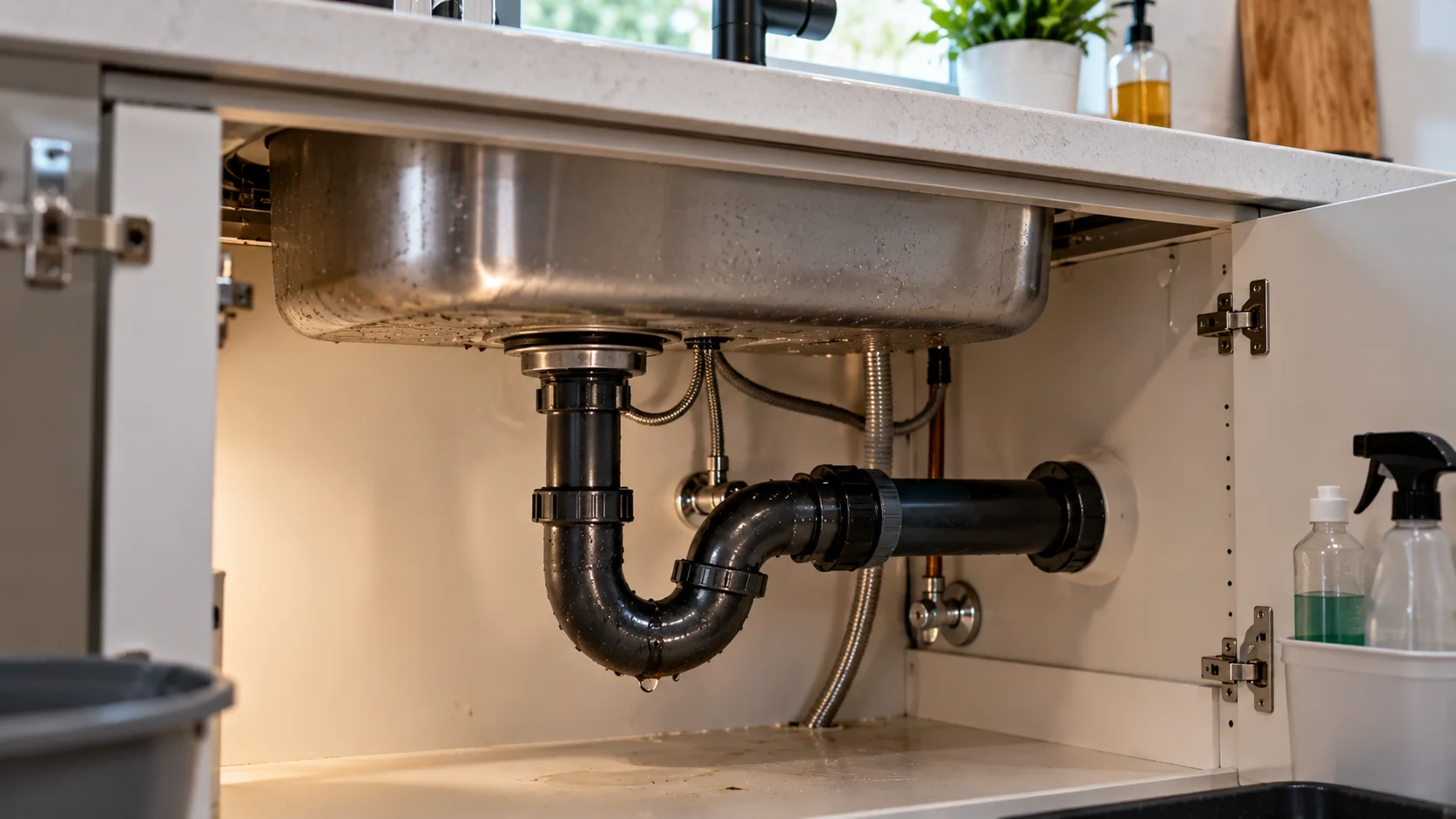 Drain pipe and P-trap beneath a residential kitchen sink