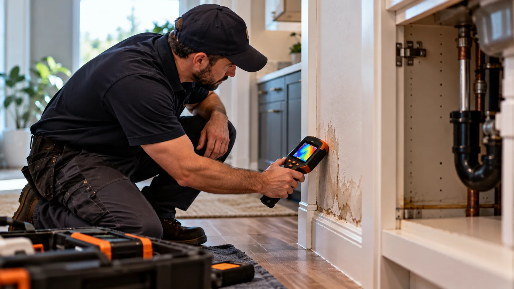 Technician detecting a hidden plumbing leak in a British Columbia home