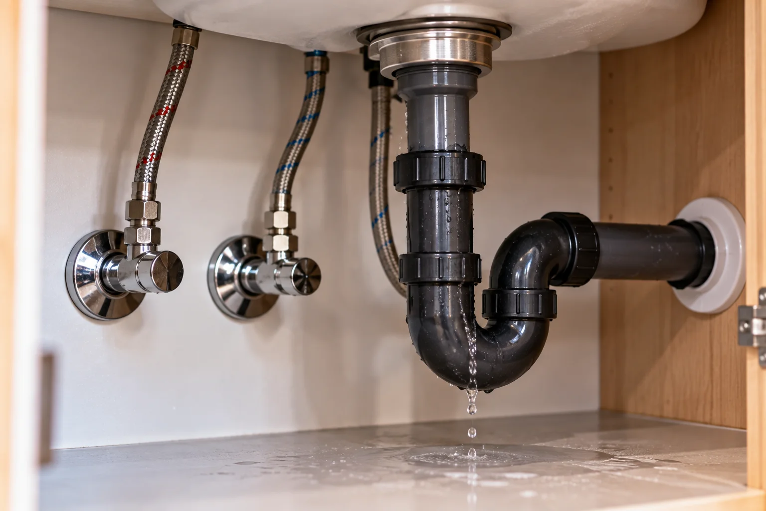 Leaking drain plumbing beneath a bathroom sink