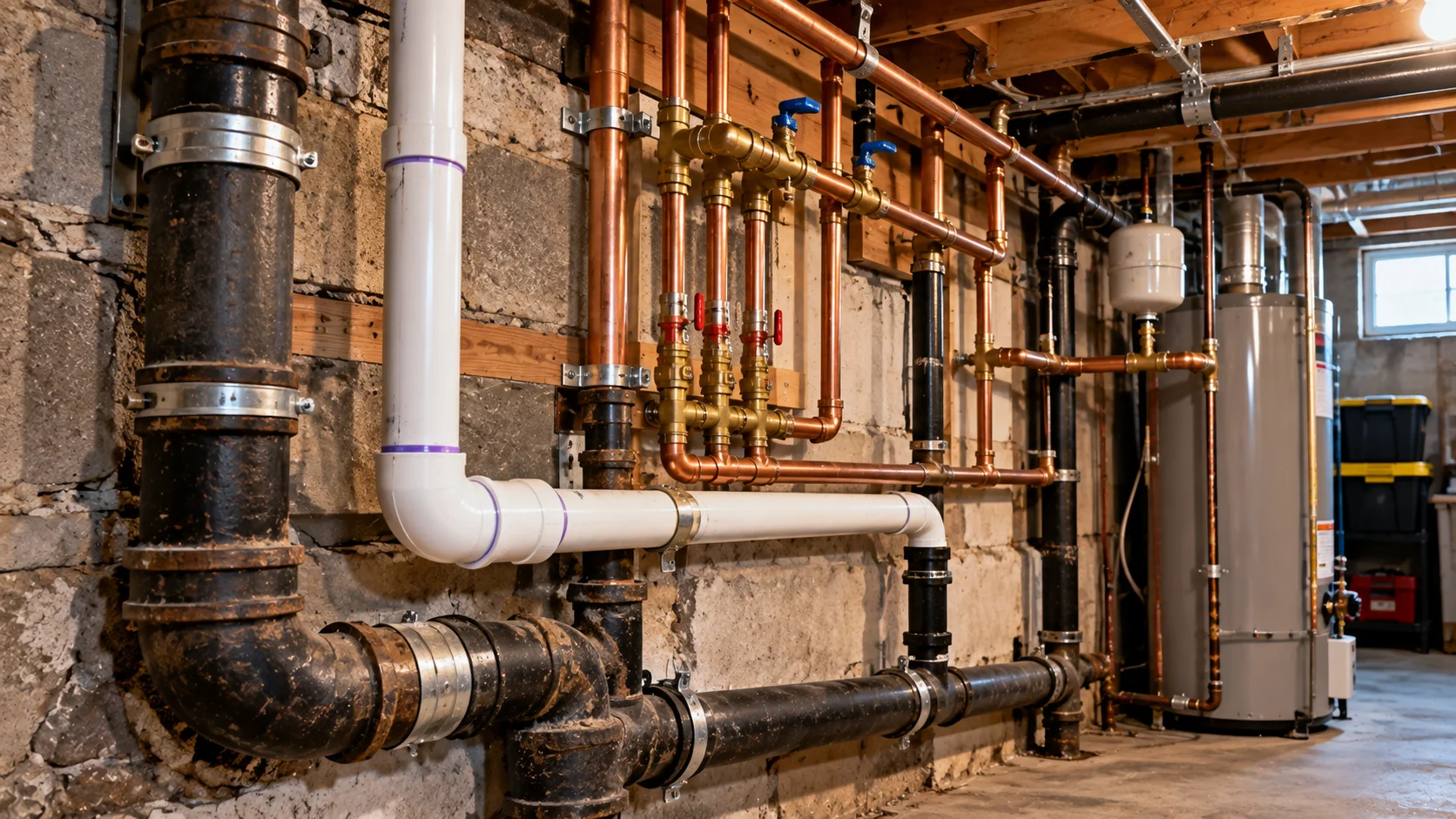 Older and newer plumbing pipes in a residential utility area