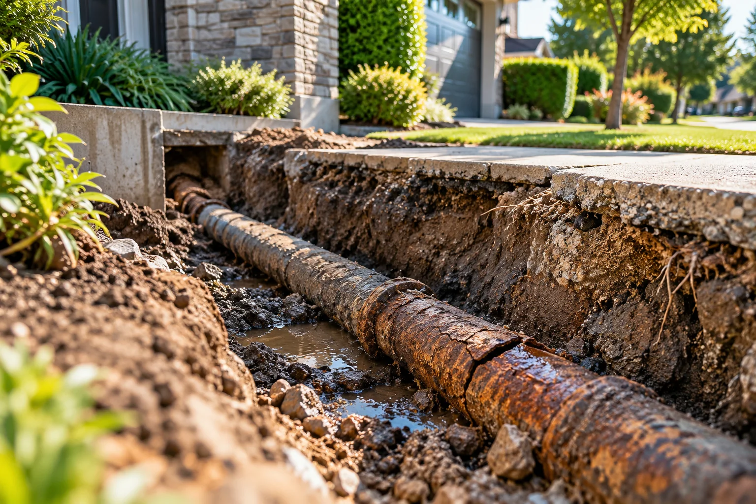 Old deteriorated underground water pipe exposed in a residential trench