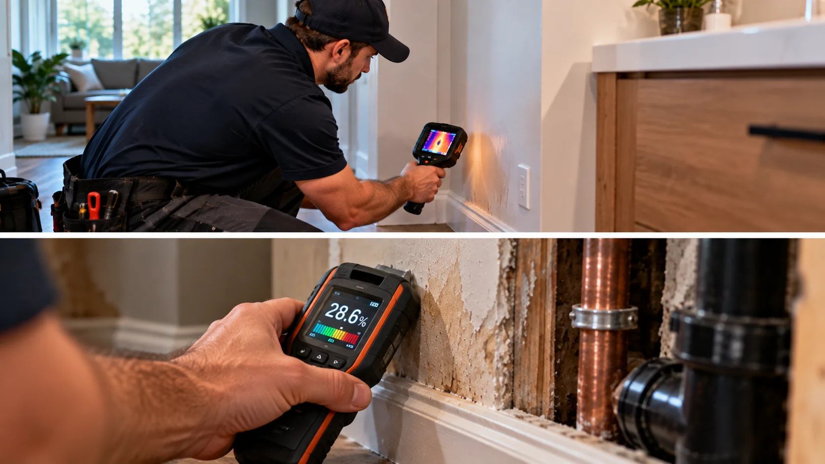 Moisture detection equipment locating a hidden plumbing leak