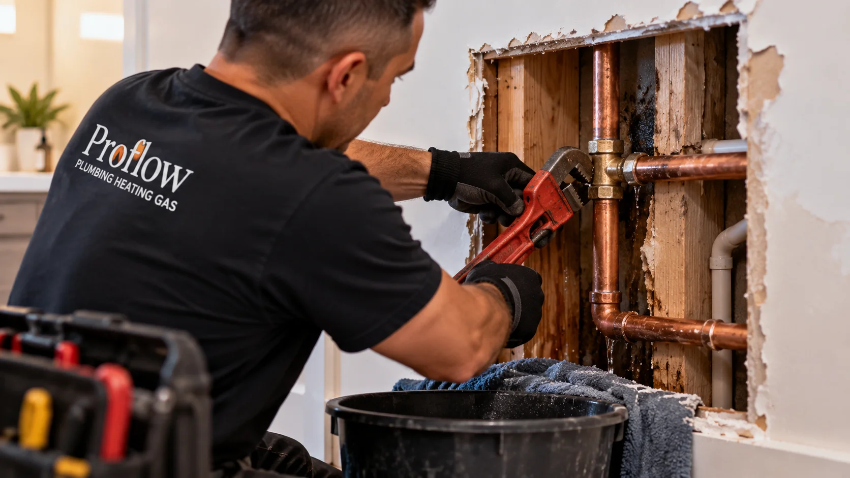 Plumber repairing a leaking copper pipe inside a wall