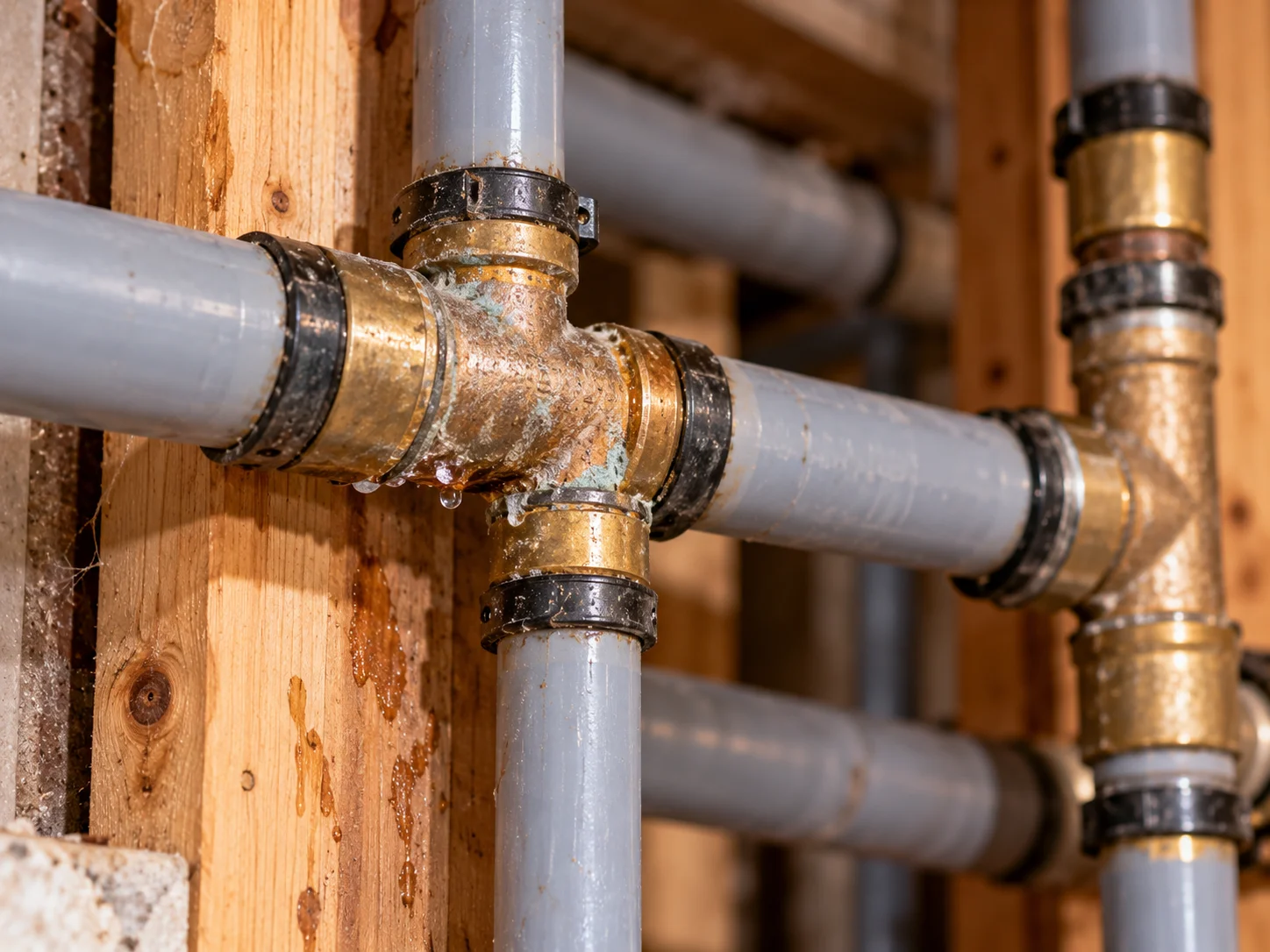 Grey Poly-B pipes and fittings in a residential plumbing system