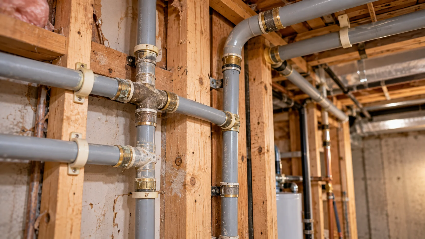 Grey Poly-B plumbing pipes and fittings installed in an older residential utility area