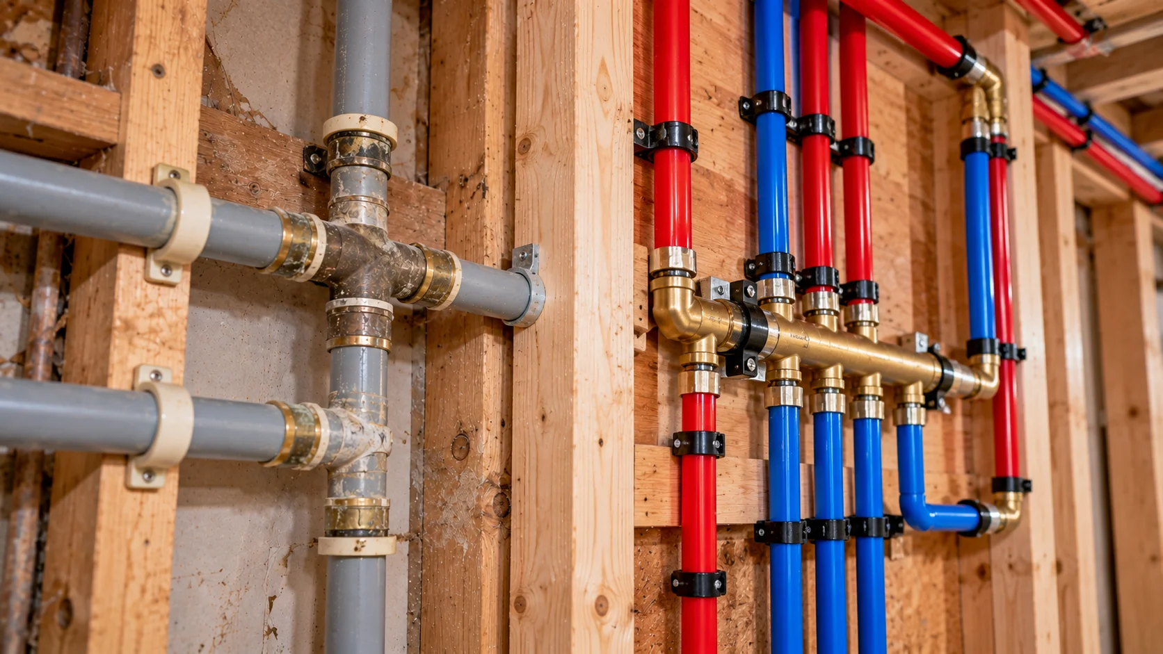 Older grey Poly-B plumbing beside new red and blue PEX water lines