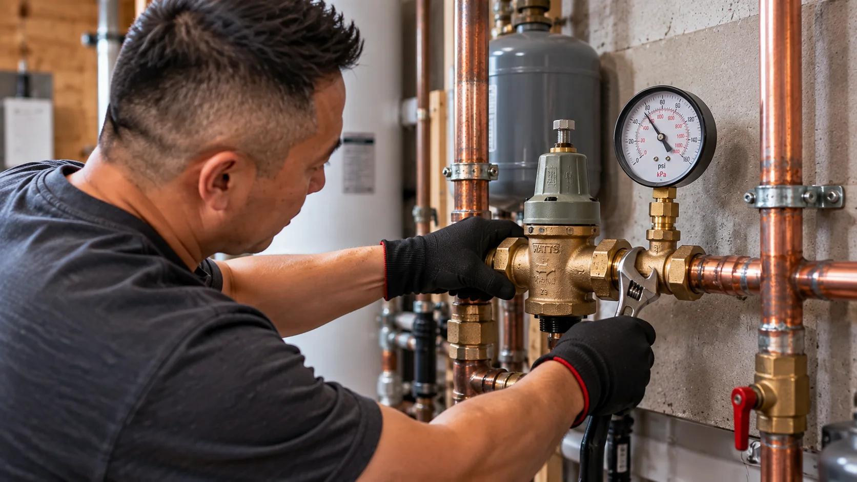 Plumber servicing a residential water pressure reducing valve