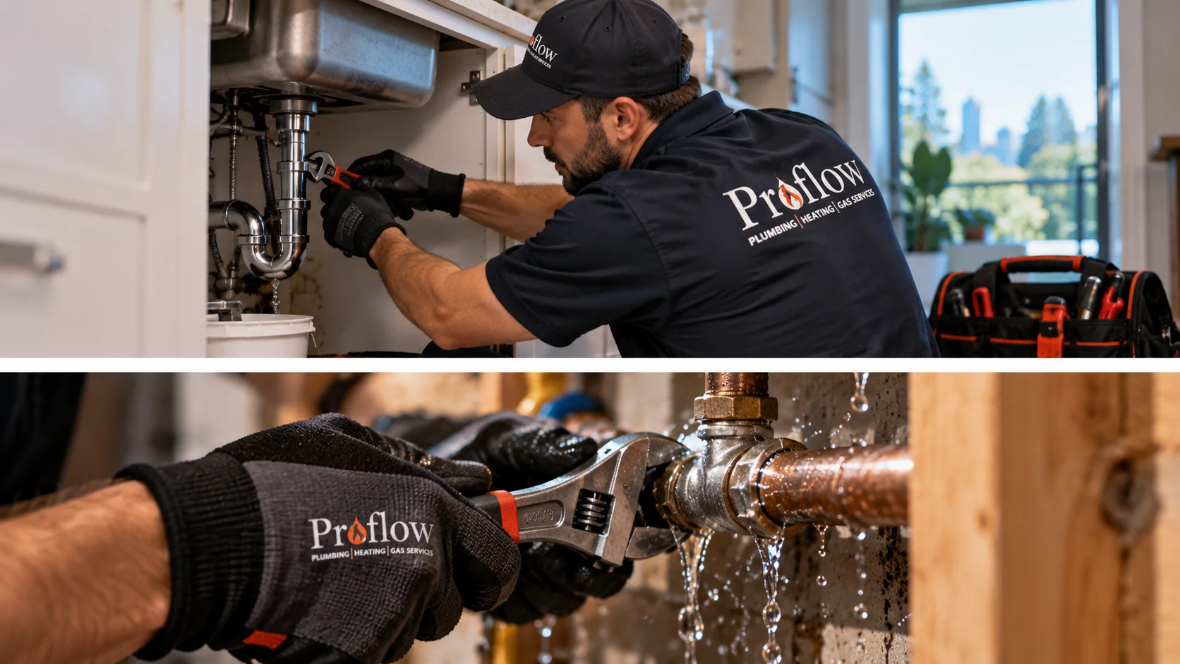 Plumber repairing a leaking pipe fitting in British Columbia