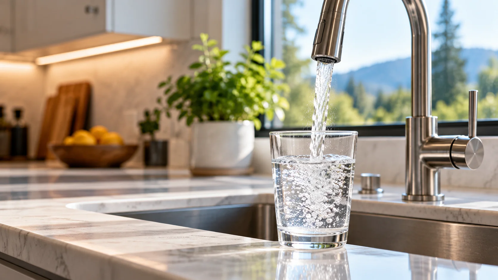 Clean drinking water flowing from a kitchen faucet into a glass