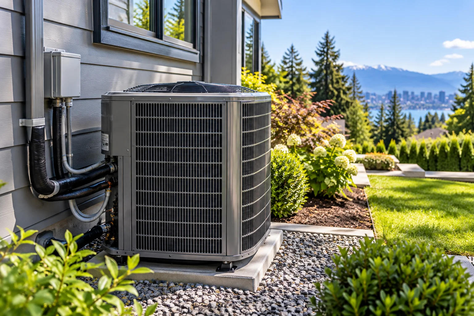 Outdoor air conditioning condenser installed beside a residential home