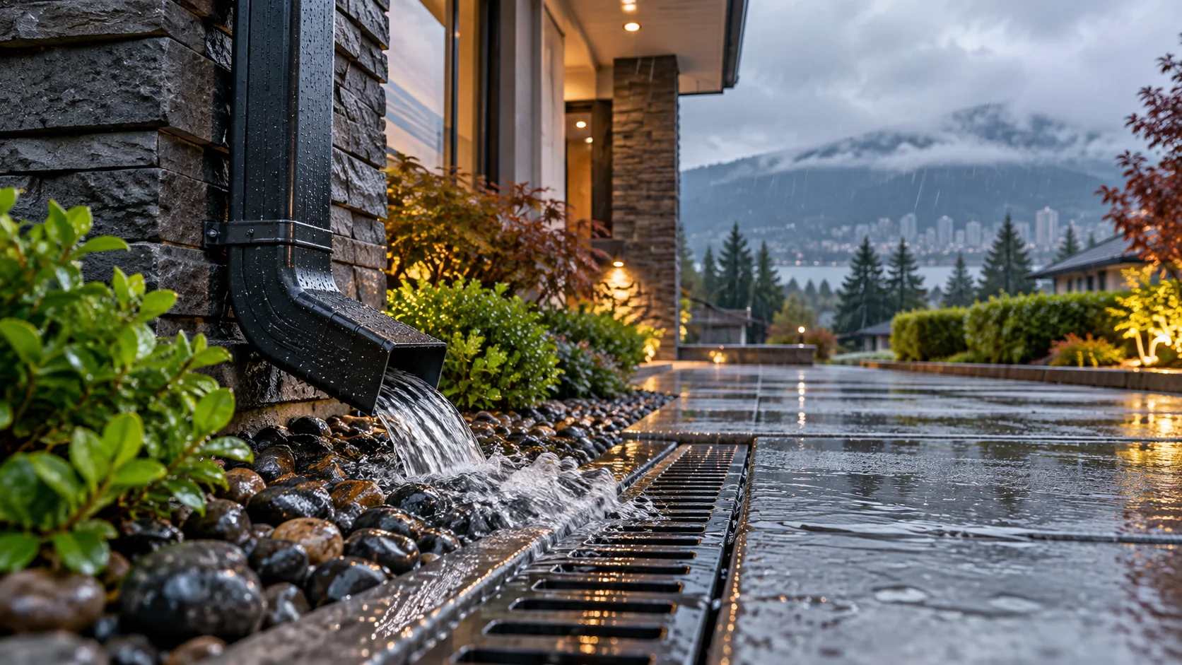Rainwater flowing from a downspout toward an exterior drainage channel beside a home