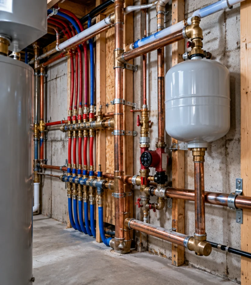 Copper and PEX water piping in a residential utility area