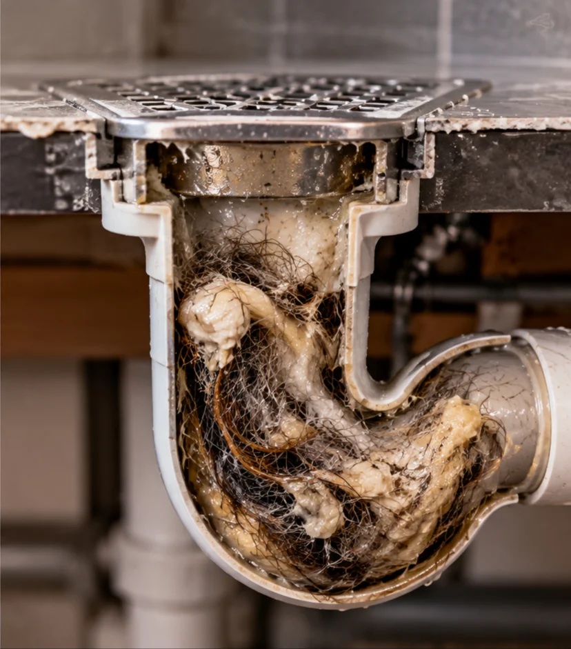 Hair and soap residue buildup restricting a shower drain pipe