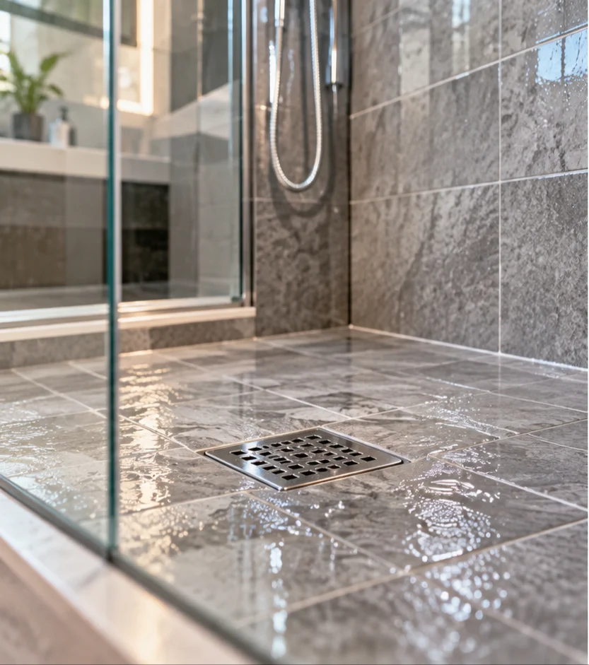 Water flowing toward a floor drain in a modern residential shower