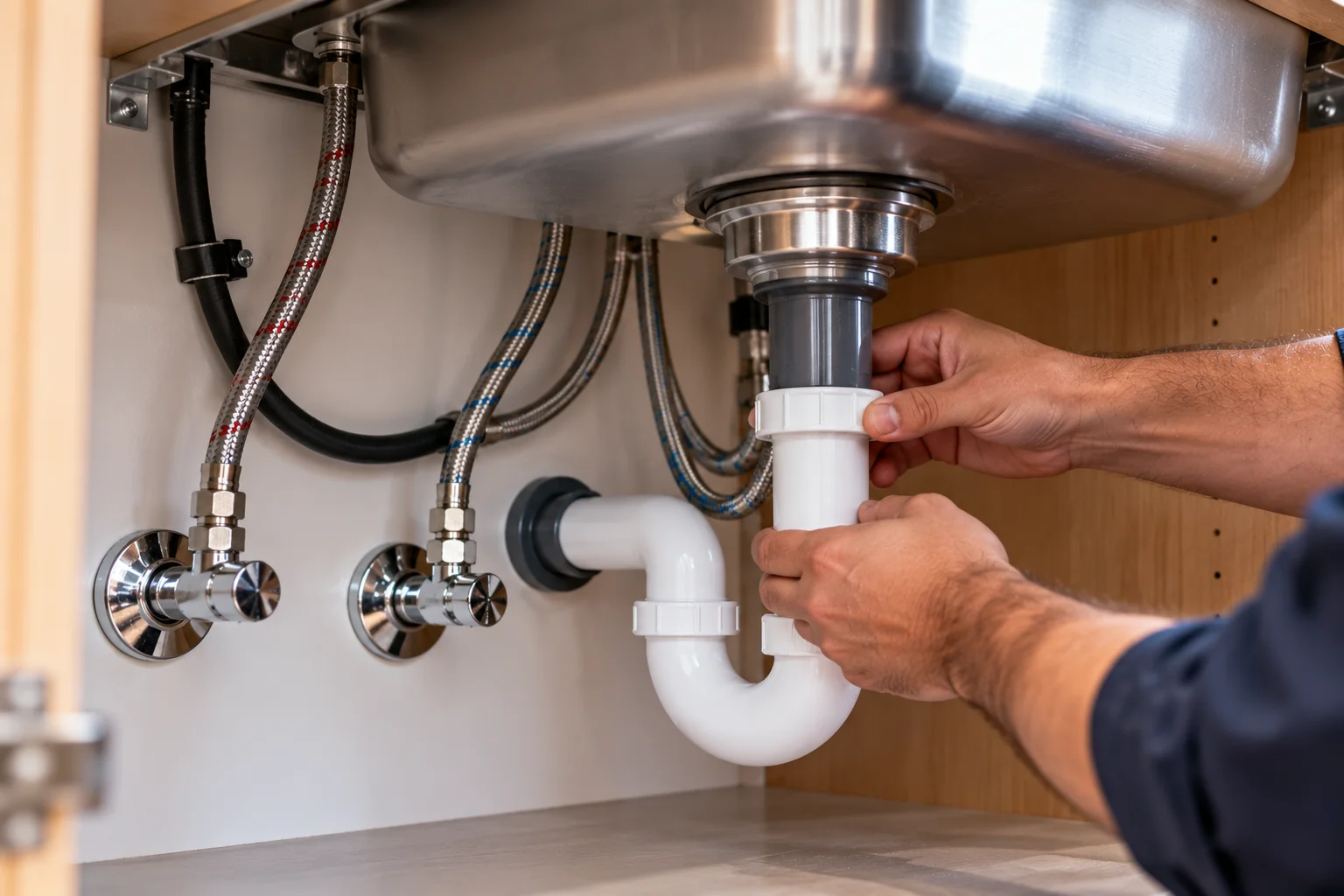 Plumber connecting drain plumbing beneath a newly installed kitchen sink