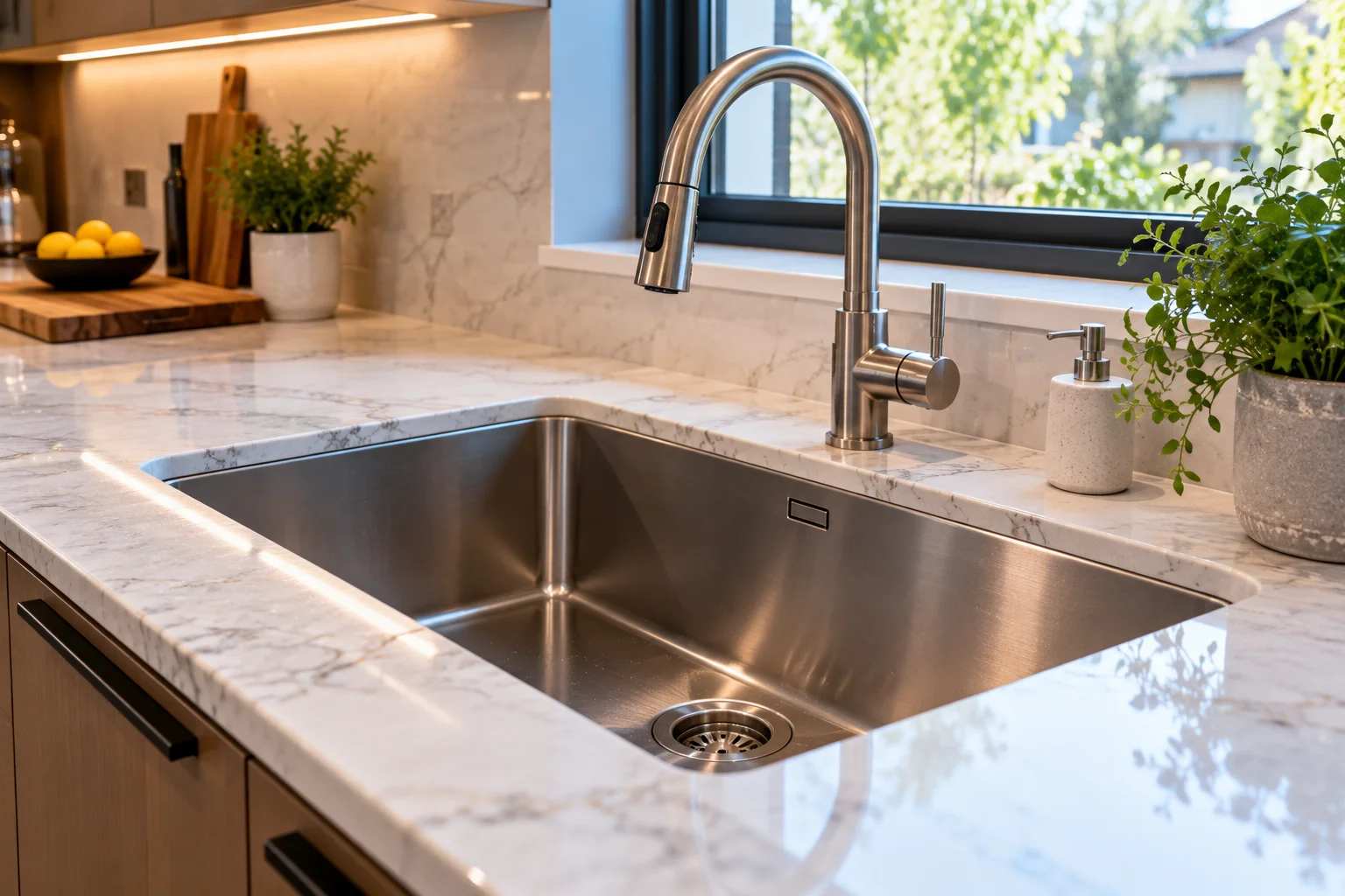 Undermount kitchen sink installed in a stone countertop