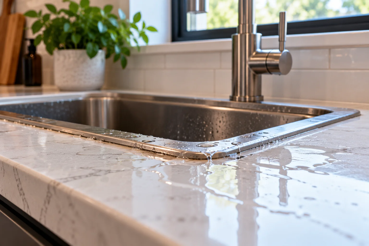 Water leaking around the edge of a kitchen sink